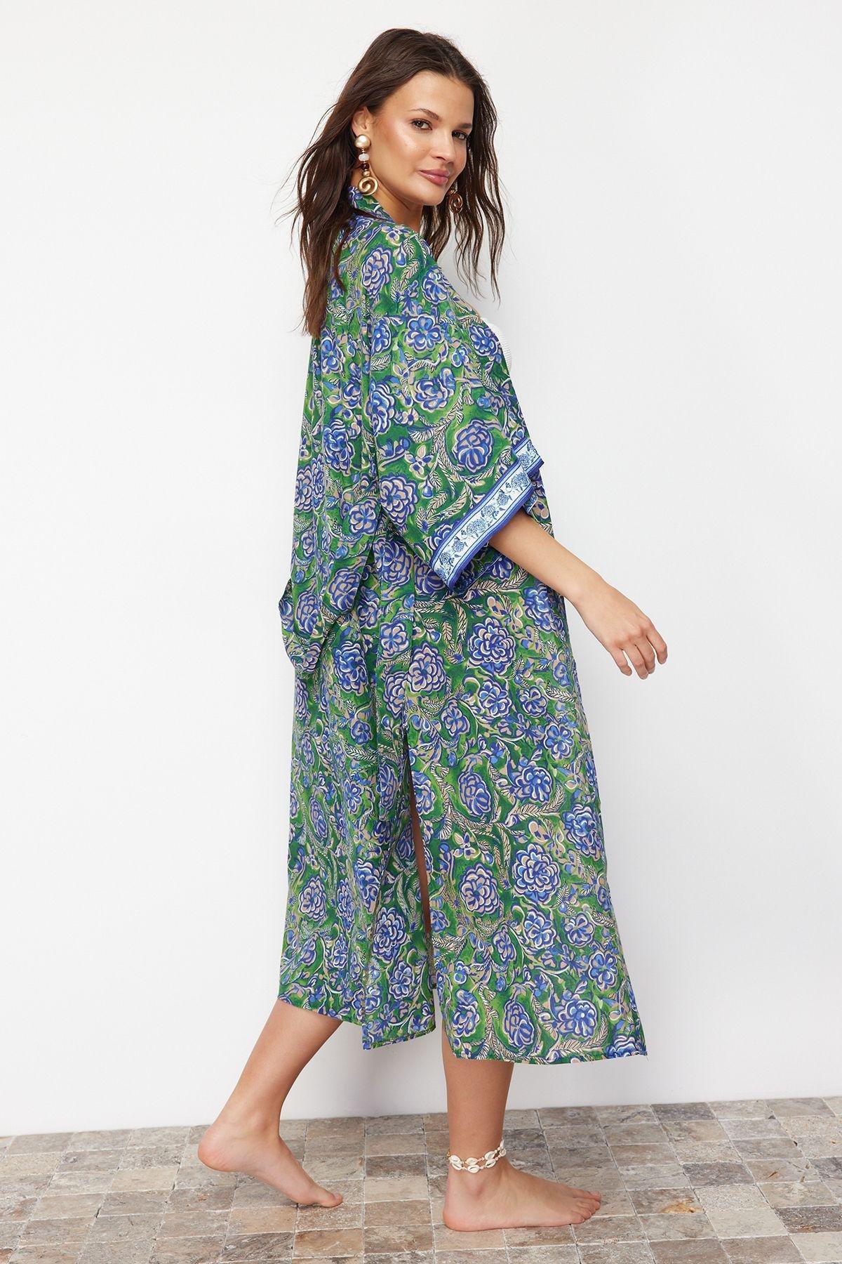 Floral Patterned Belted Maxi Woven Ribbon Accessory Kimono & Kaftan TBESS24KM00044, Very colorful, large image number 1