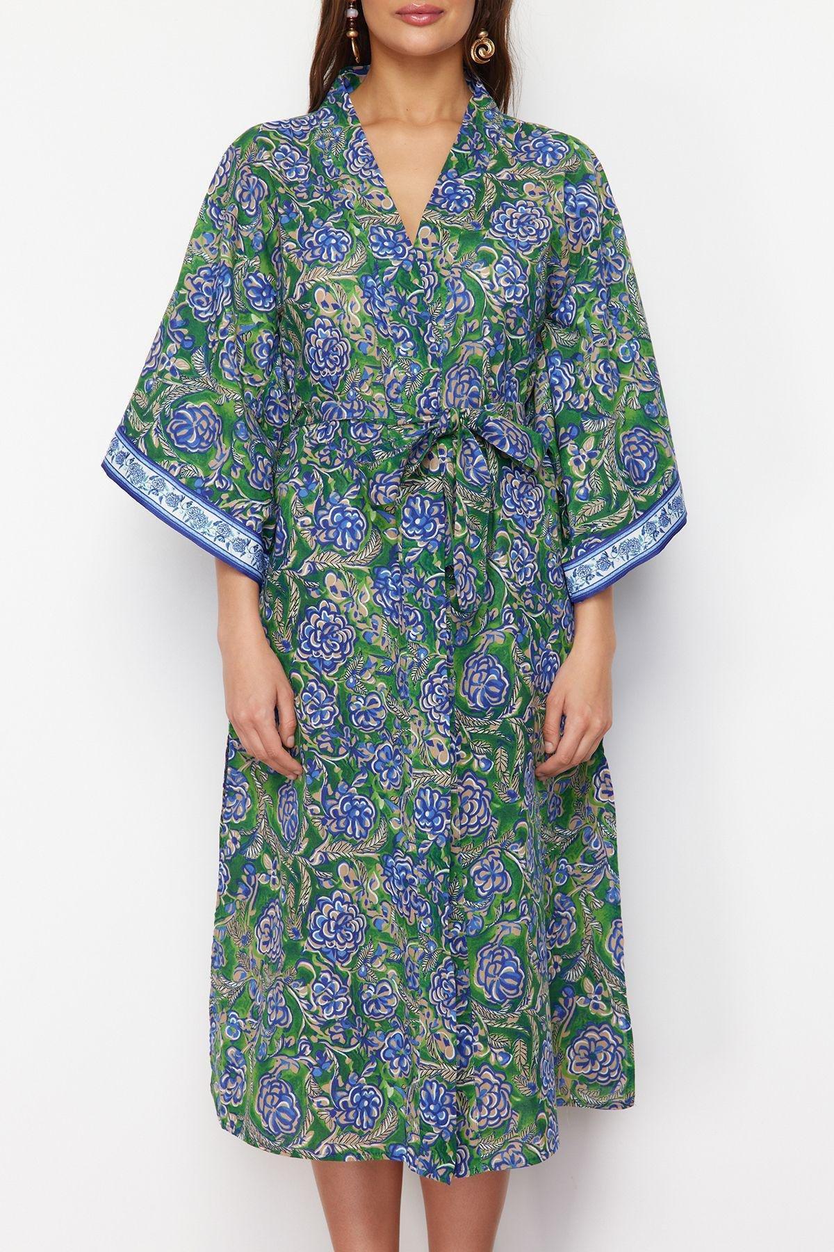 Floral Patterned Belted Maxi Woven Ribbon Accessory Kimono & Kaftan TBESS24KM00044, Very colorful, large image number 3