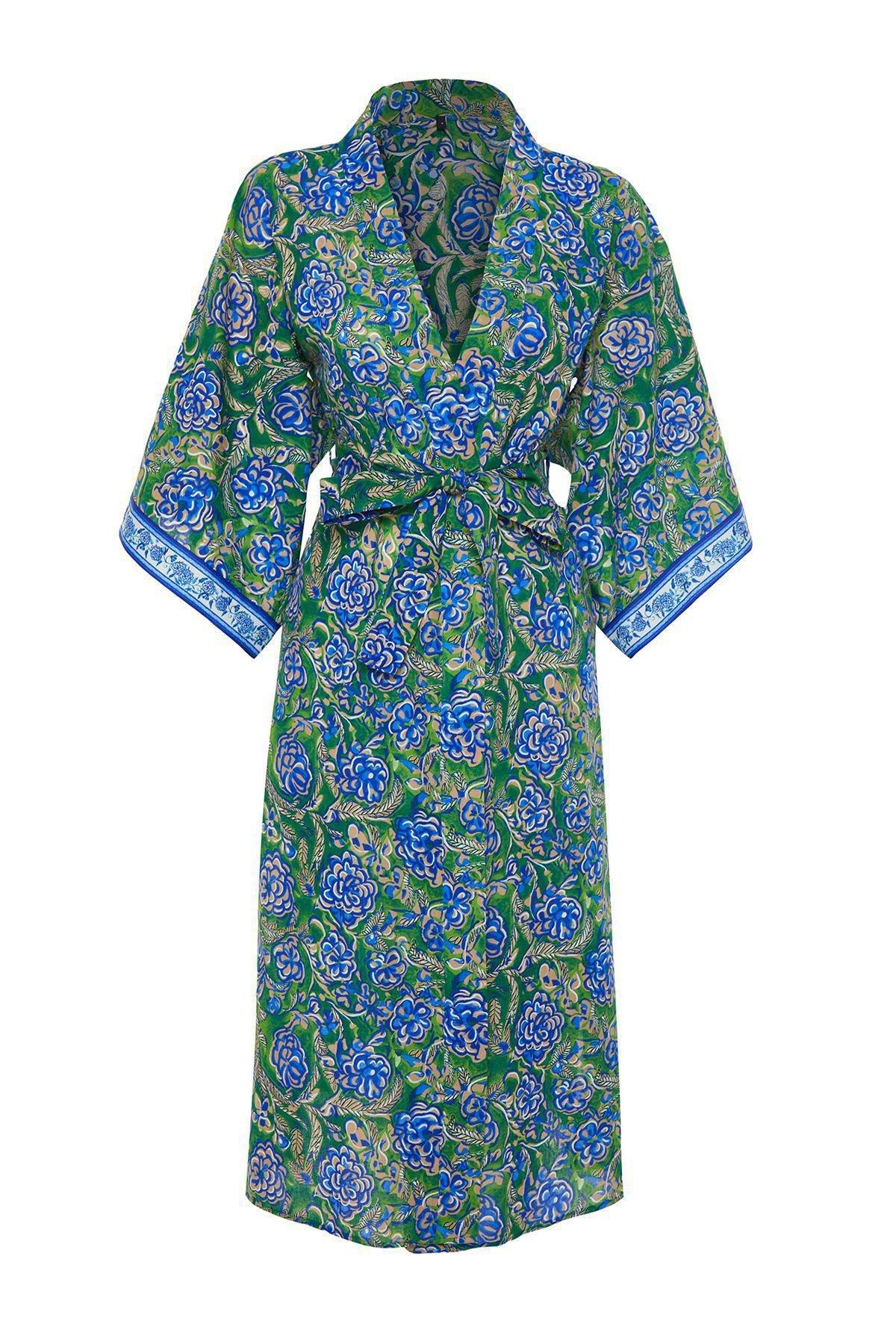 Floral Patterned Belted Maxi Woven Ribbon Accessory Kimono & Kaftan TBESS24KM00044, Very colorful, large image number 5