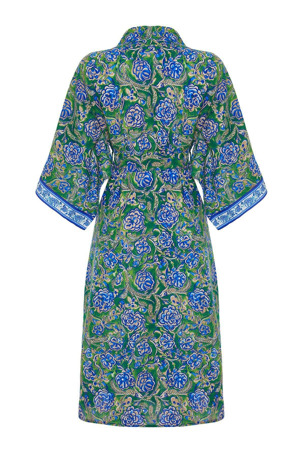 Floral Patterned Belted Maxi Woven Ribbon Accessory Kimono & Kaftan TBESS24KM00044, Very colorful, large image number 7