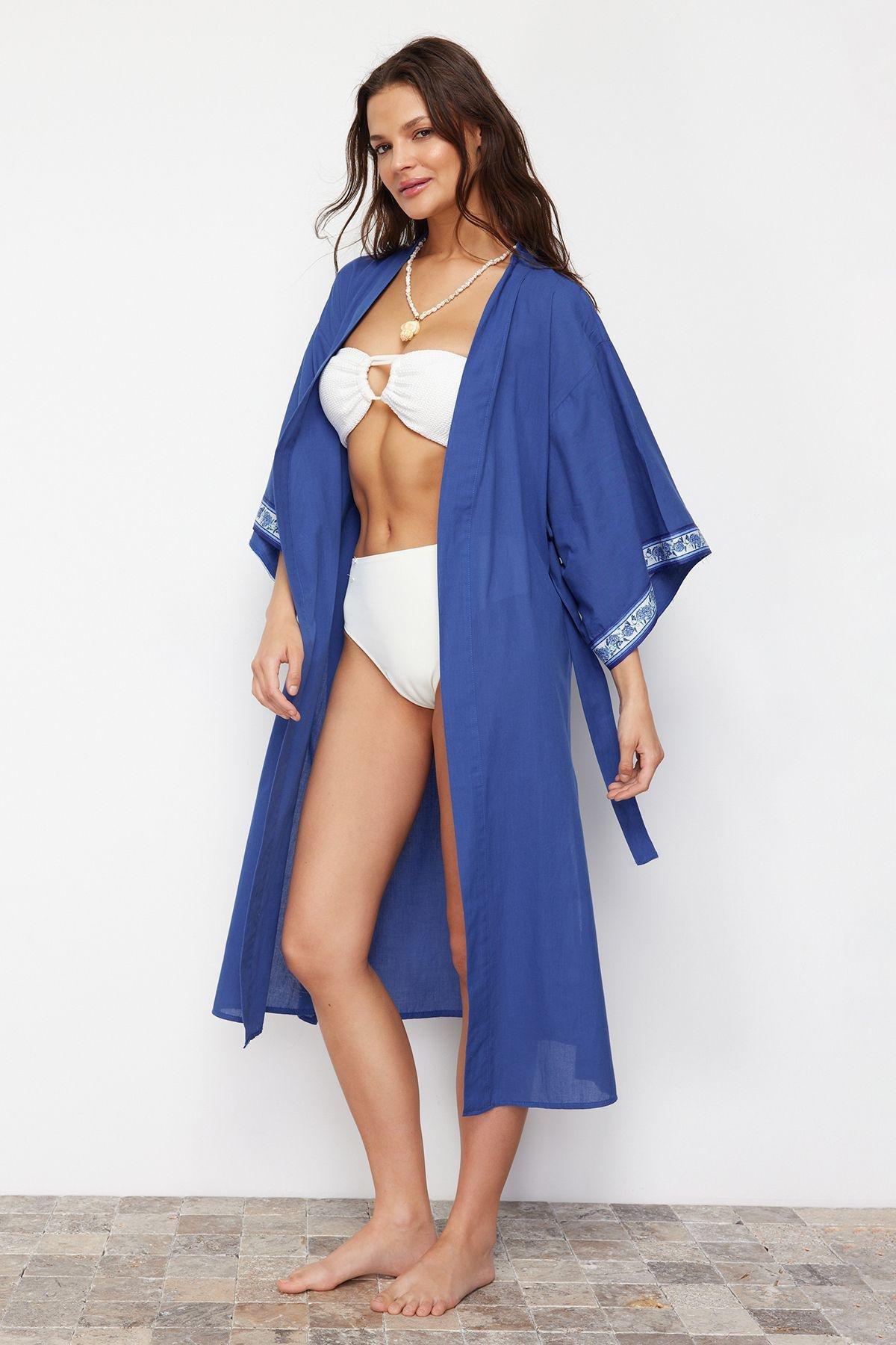 Blue Belted Maxi Woven Kimono, C101_6714, large image number 0