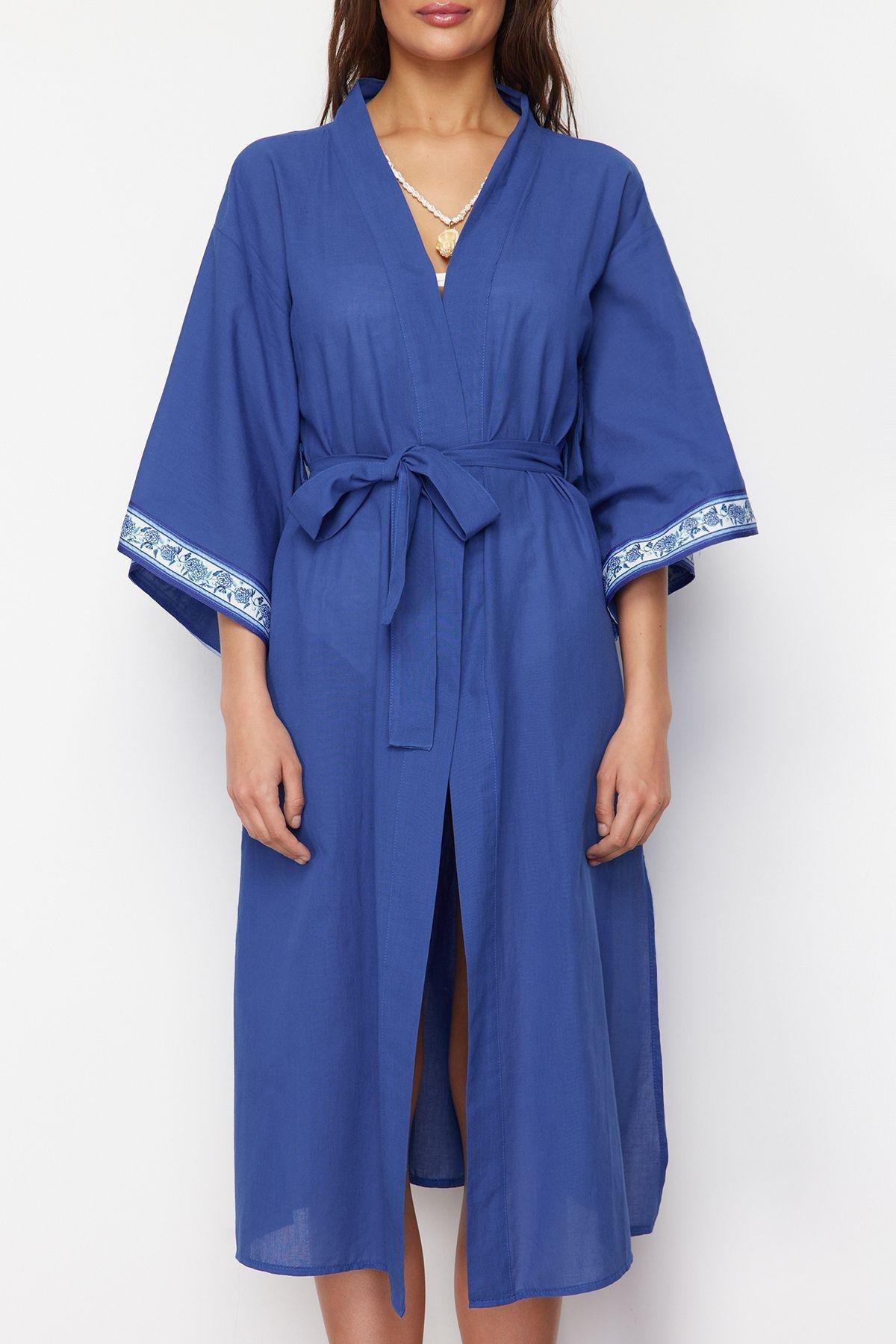 Blue Belted Maxi Woven Kimono, C101_6714, large image number 4
