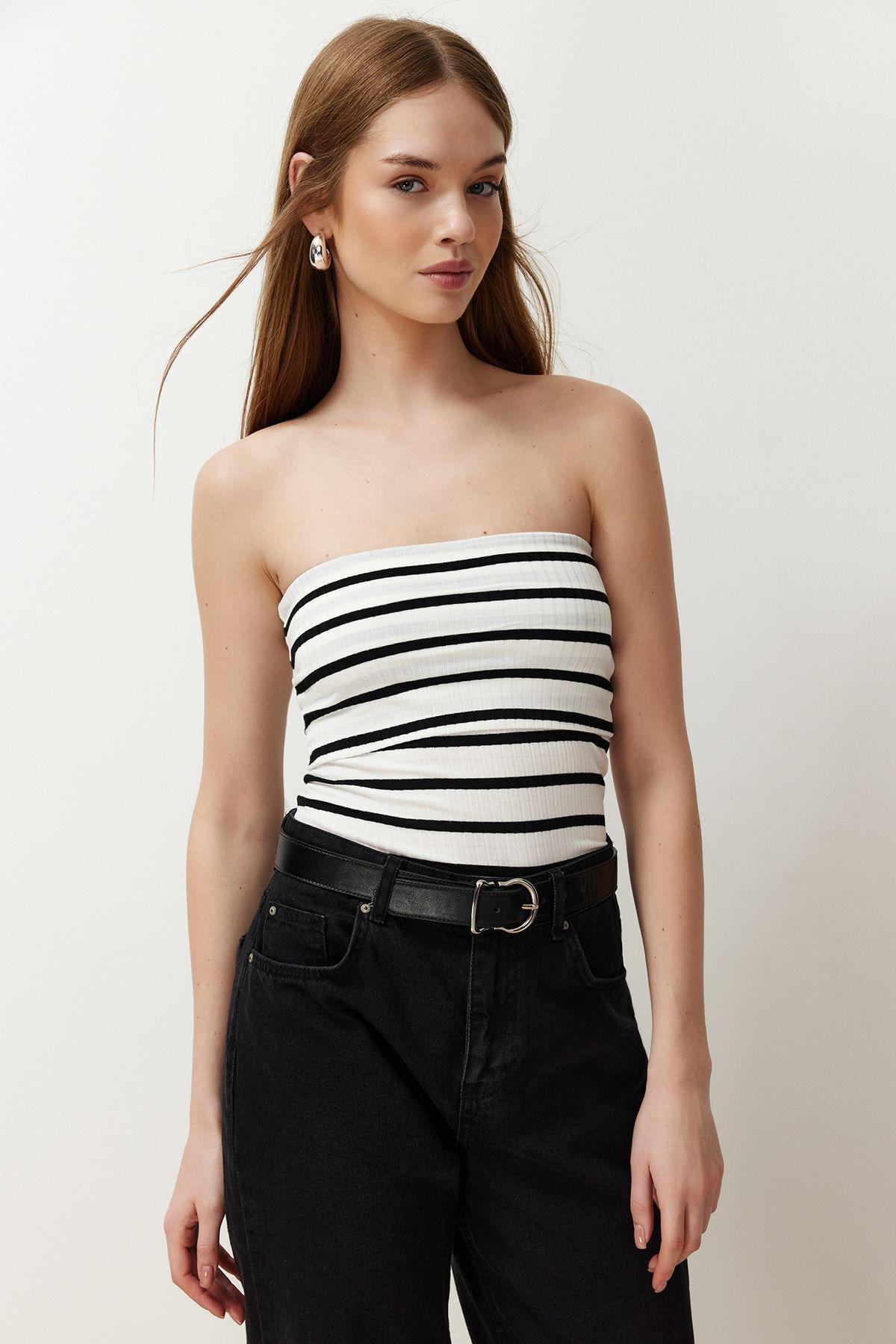 Black Striped Casual Cropped Blouse, C101_5720, large image number 1