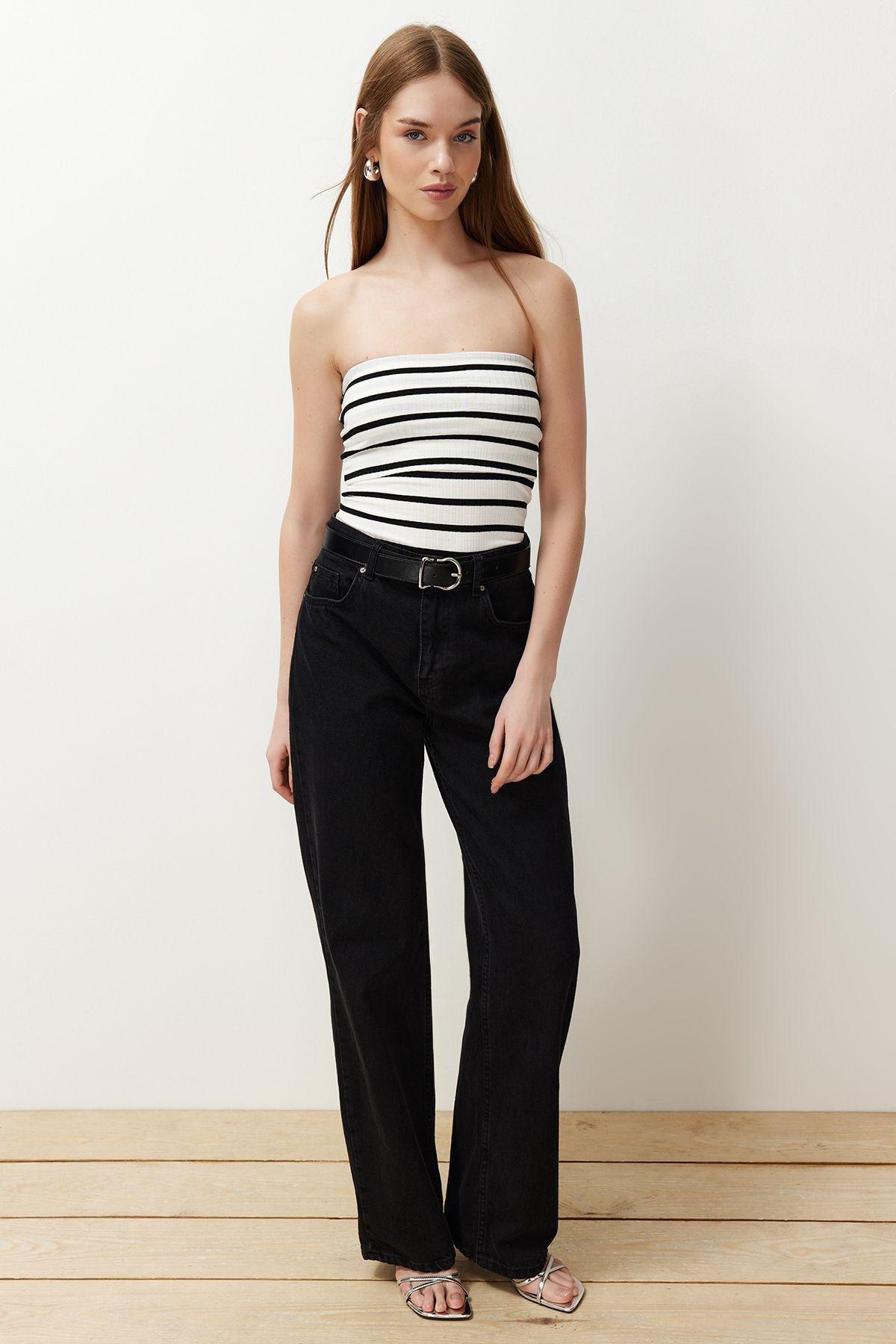 Black Striped Casual Cropped Blouse, C101_5720, large image number 2