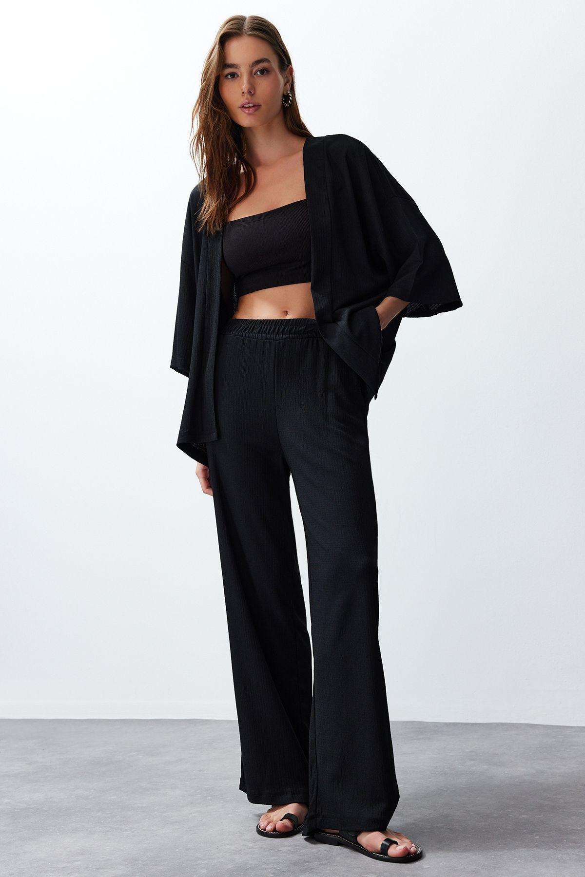 Black Kimono Knitwear Bottom-Top Set, , large image number 0
