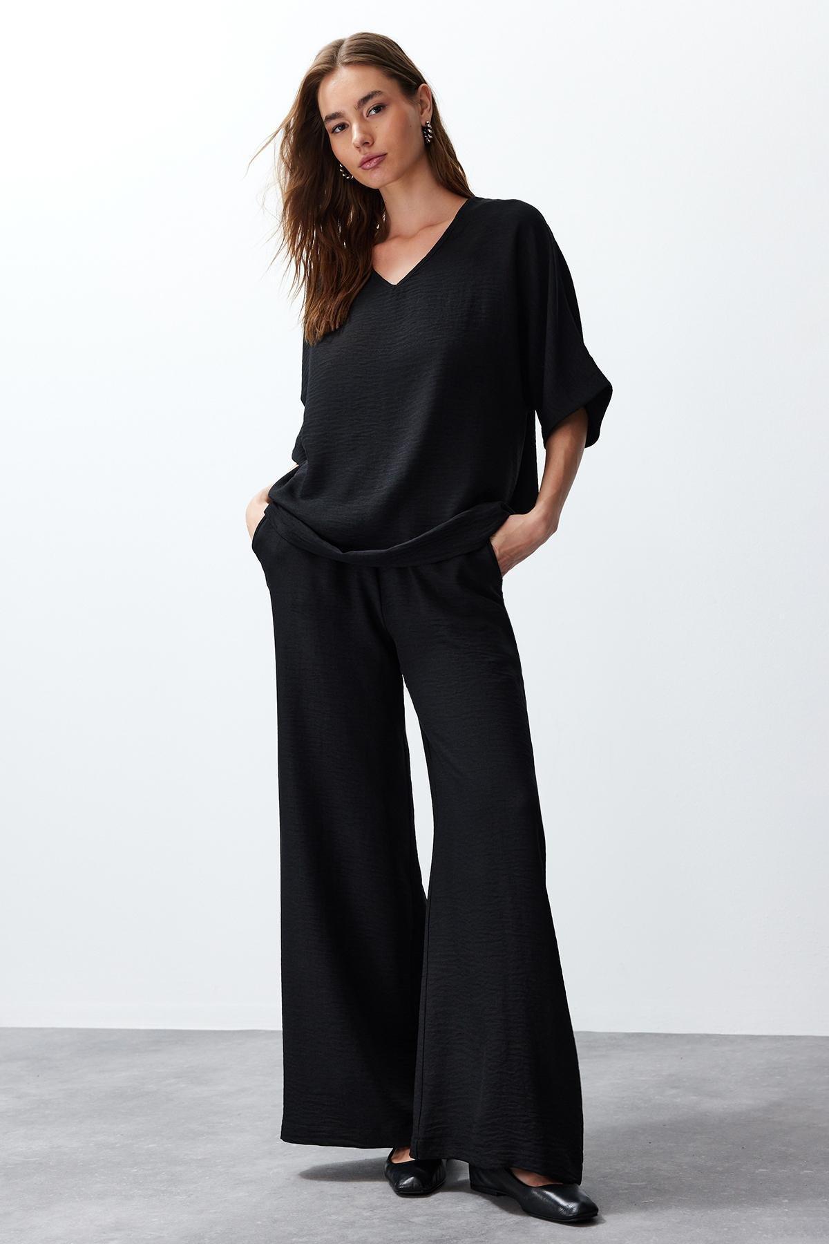 Black V-Neck Woven Co-Ord Set, , large image number 0