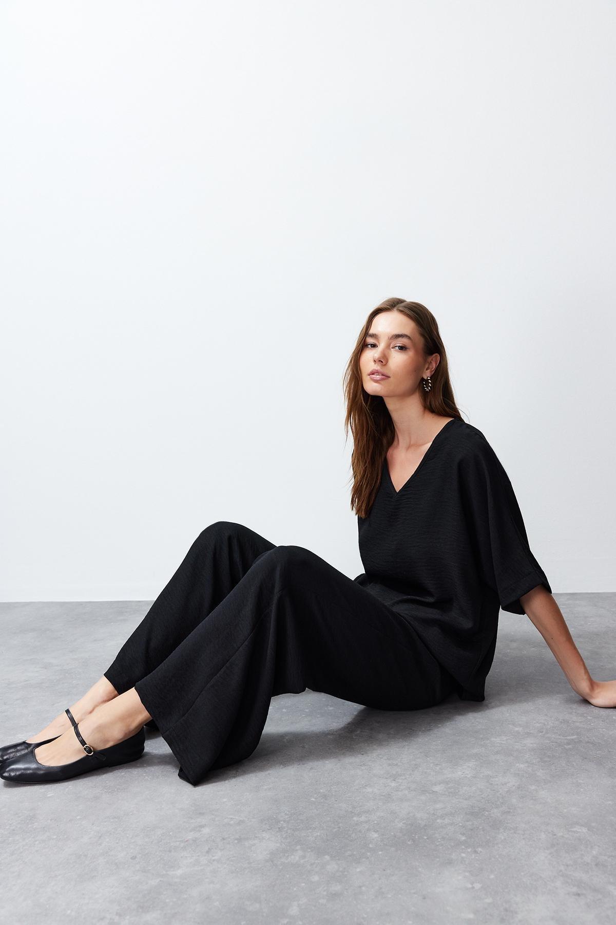 Black V-Neck Woven Co-Ord Set, , large image number 1