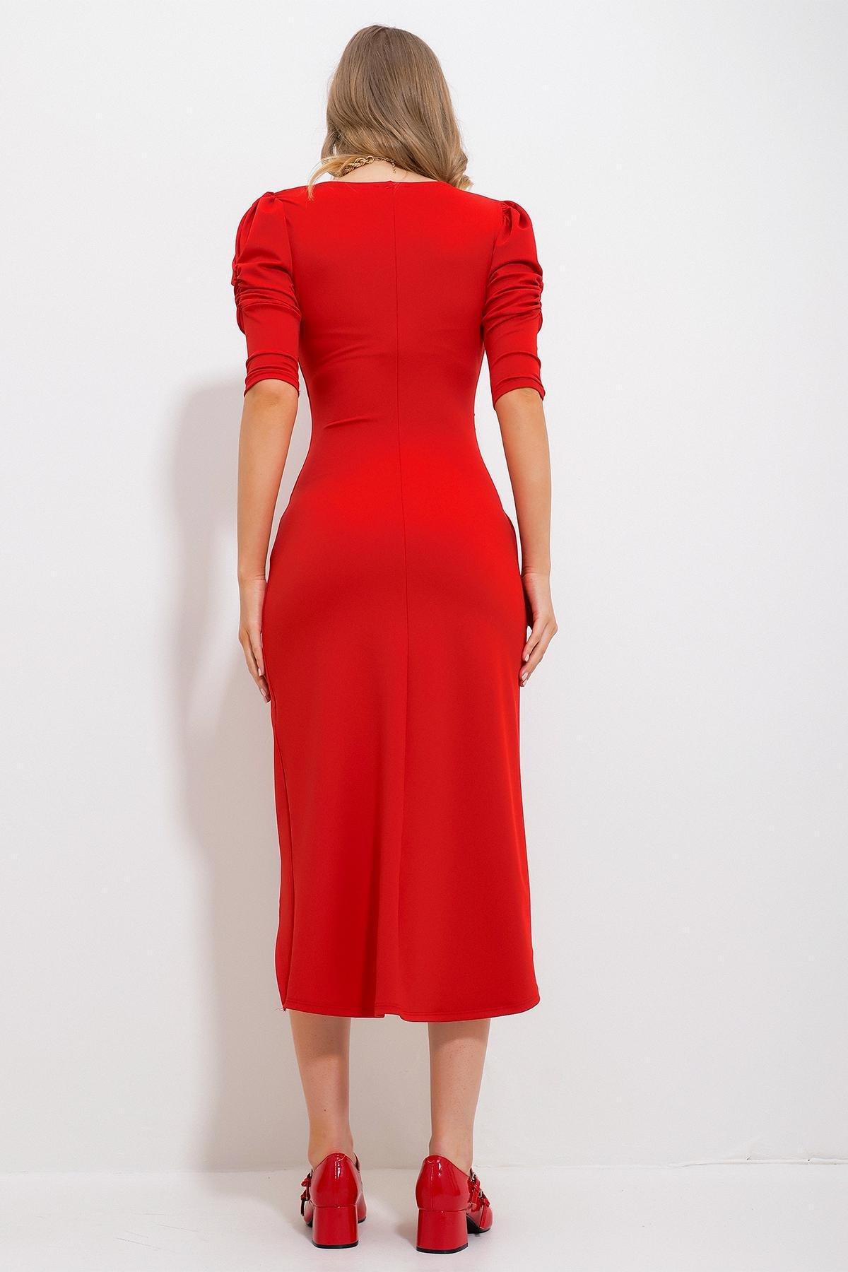 Red Ruched Bodycon Midi Dress, , large image number 6
