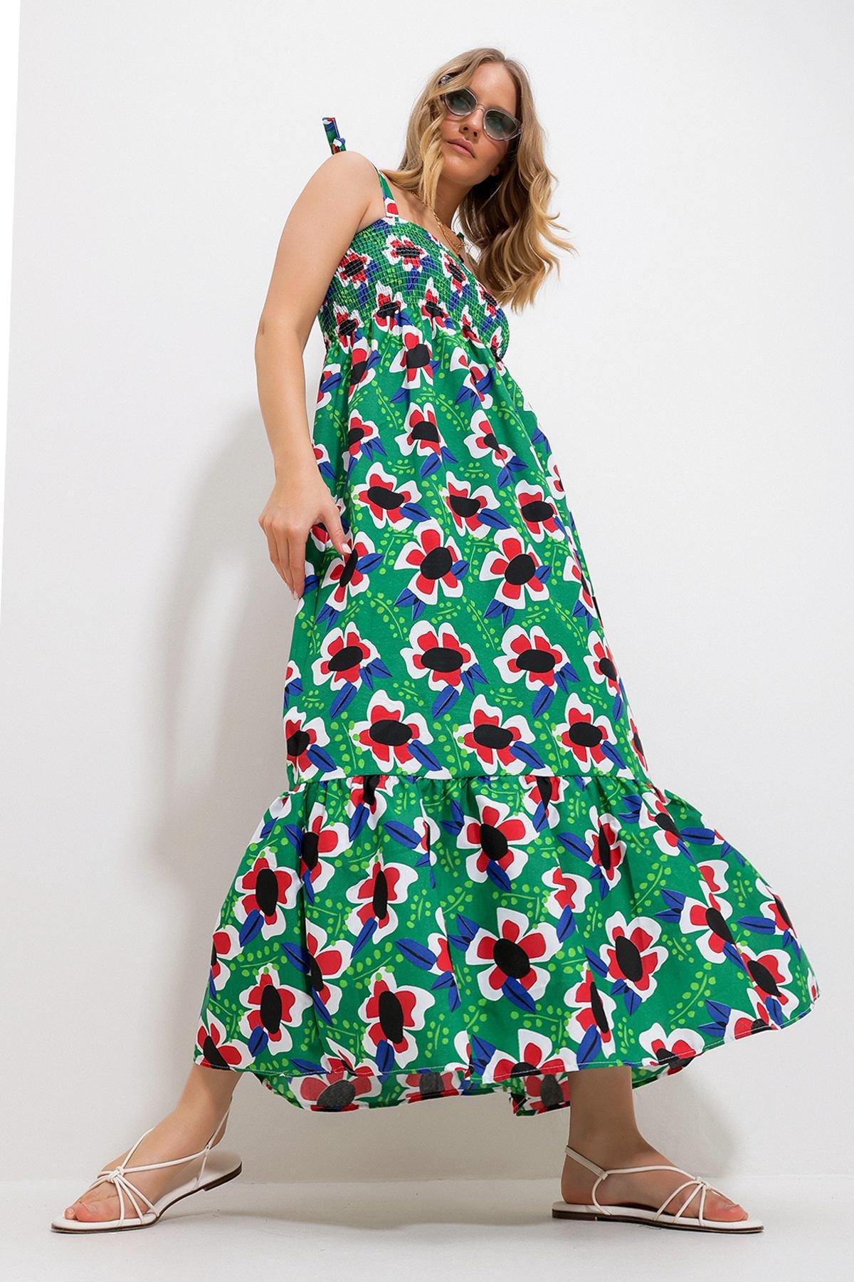 Green Floral A-Line Maxi Dress, , large image number 0