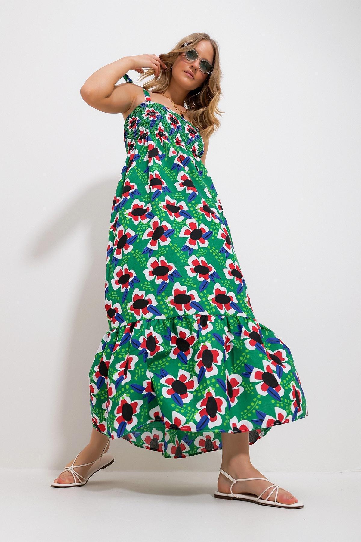 Green Floral A-Line Maxi Dress, , large image number 1