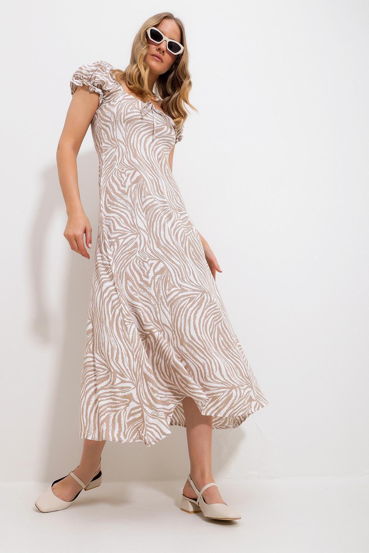 Beige Animal Print Milkmaid Midi Dress, , large image number 0