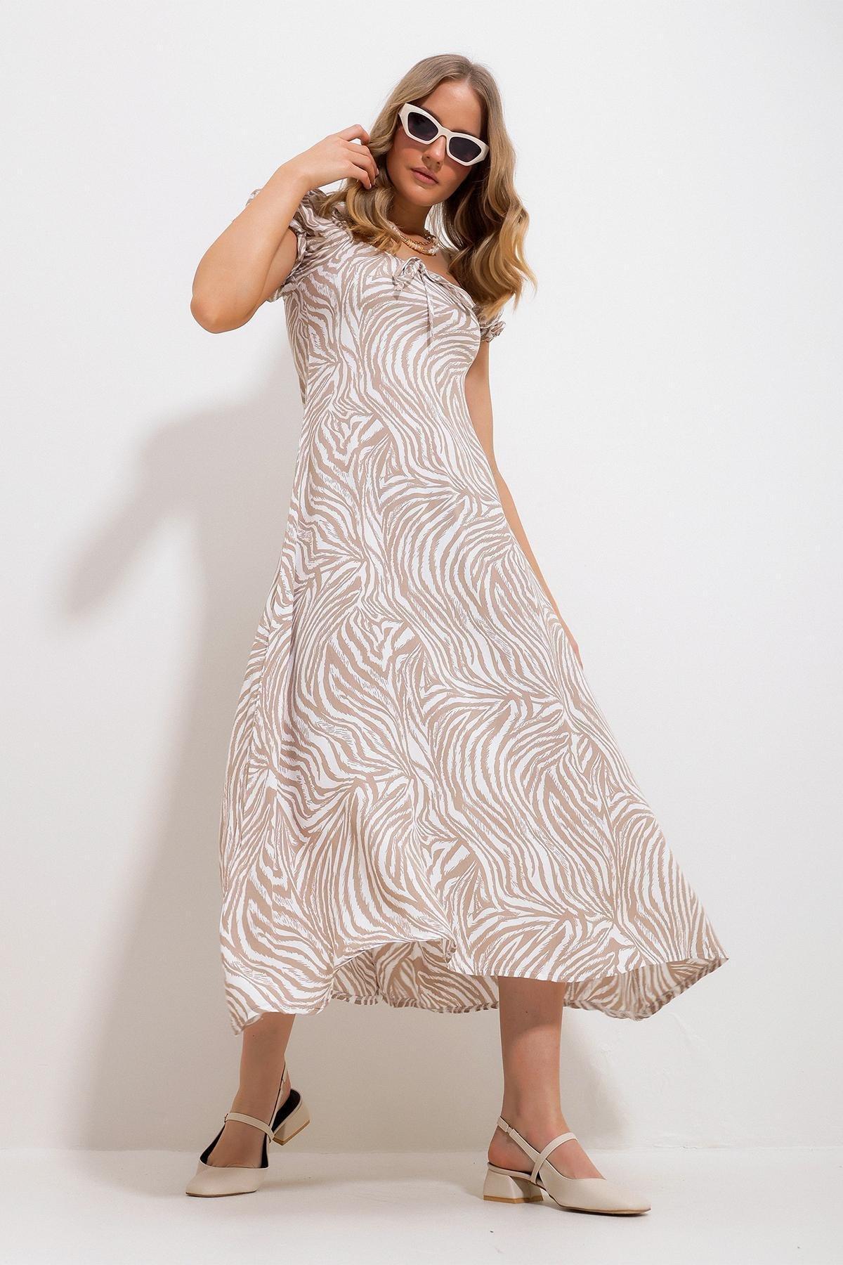 Beige Animal Print Milkmaid Midi Dress, , large image number 2