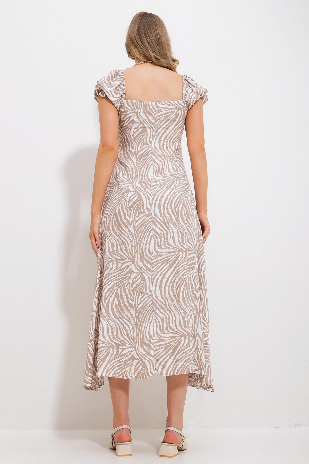 Beige Animal Print Milkmaid Midi Dress, , large image number 3