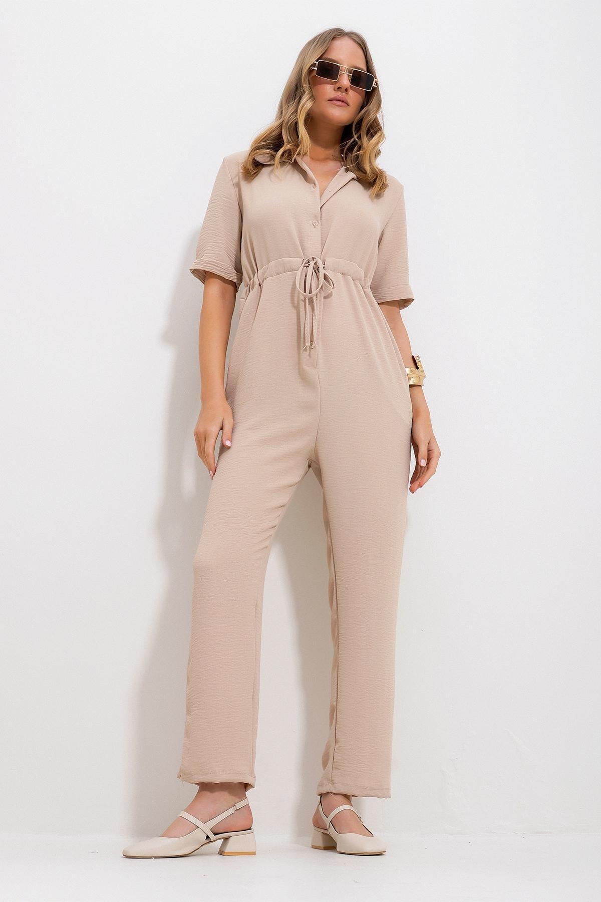 Beige Collared Woven Jumpsuit, Beige, large image number 2