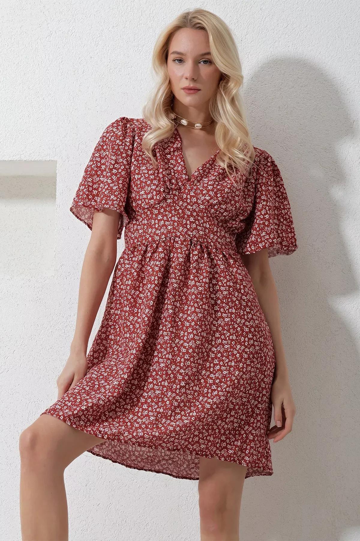 Womens Cinnamon V-Neck Short Sleeve Floral Patterned Skirt Flounce Woven Dress Alc-X11742, single, , large image number 0