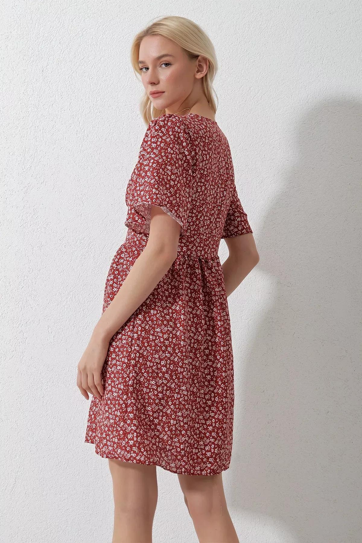 Womens Cinnamon V-Neck Short Sleeve Floral Patterned Skirt Flounce Woven Dress Alc-X11742, single, , large image number 1