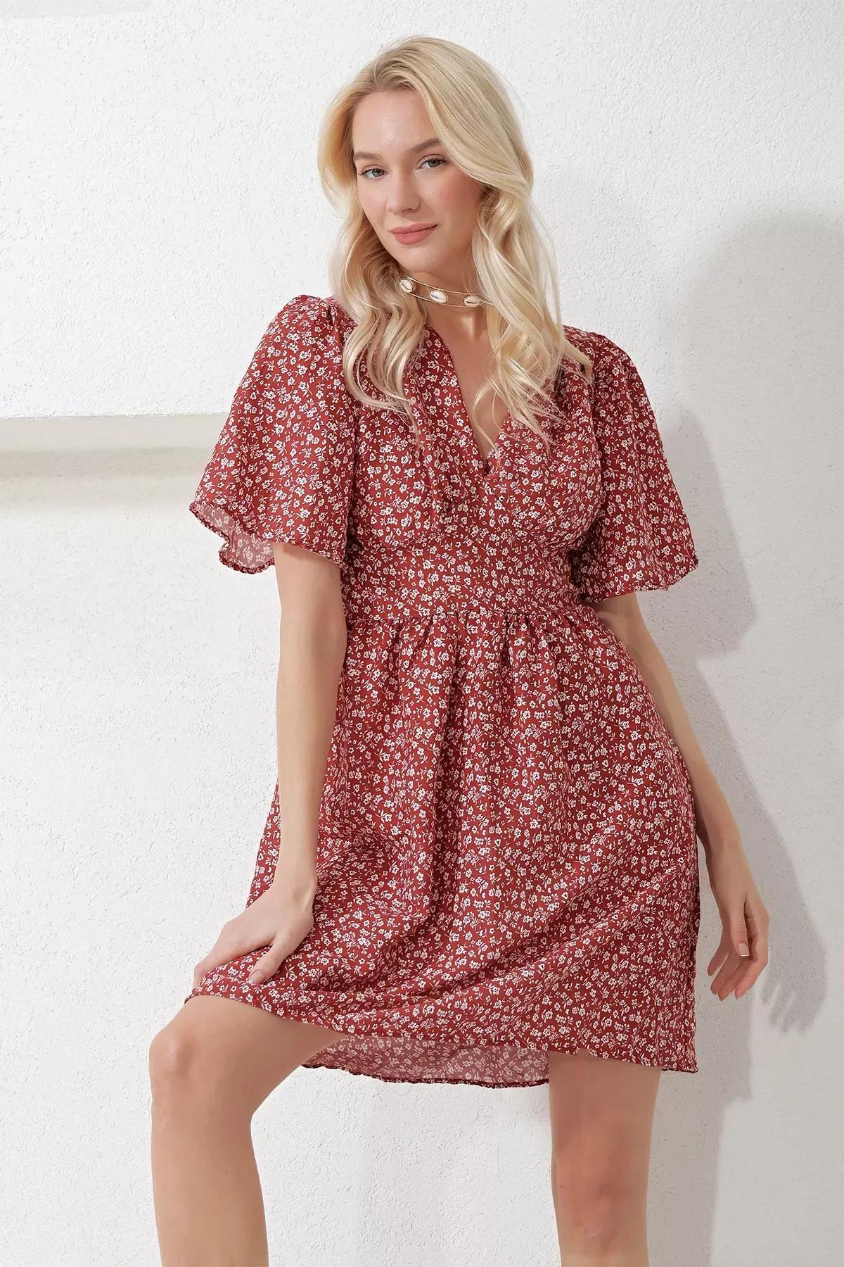 Womens Cinnamon V-Neck Short Sleeve Floral Patterned Skirt Flounce Woven Dress Alc-X11742, single, , large image number 3