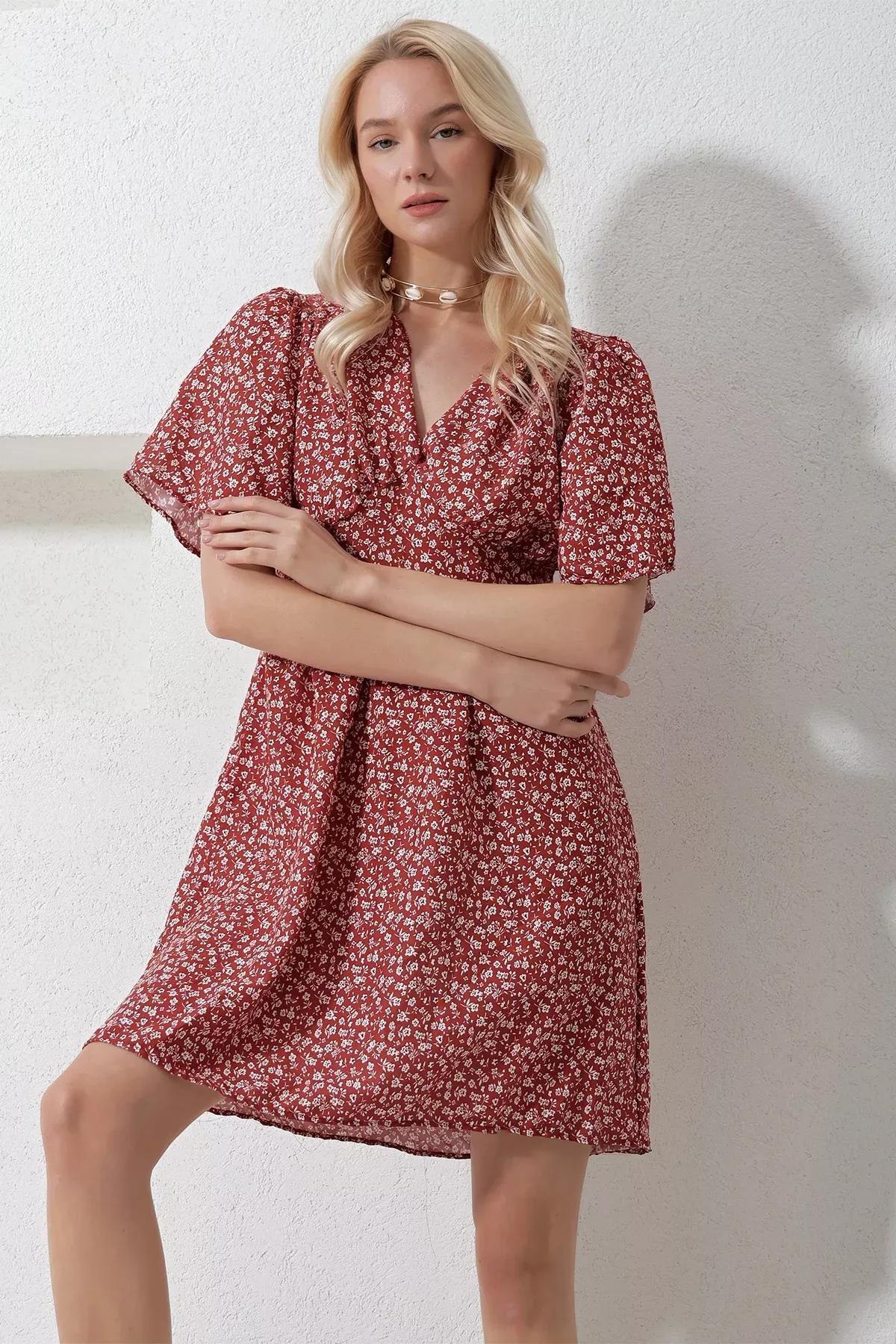 Womens Cinnamon V-Neck Short Sleeve Floral Patterned Skirt Flounce Woven Dress Alc-X11742, single, , large image number 4