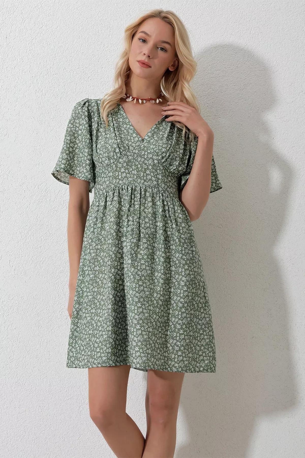 Khaki Floral Baby Doll Dress, , large image number 0