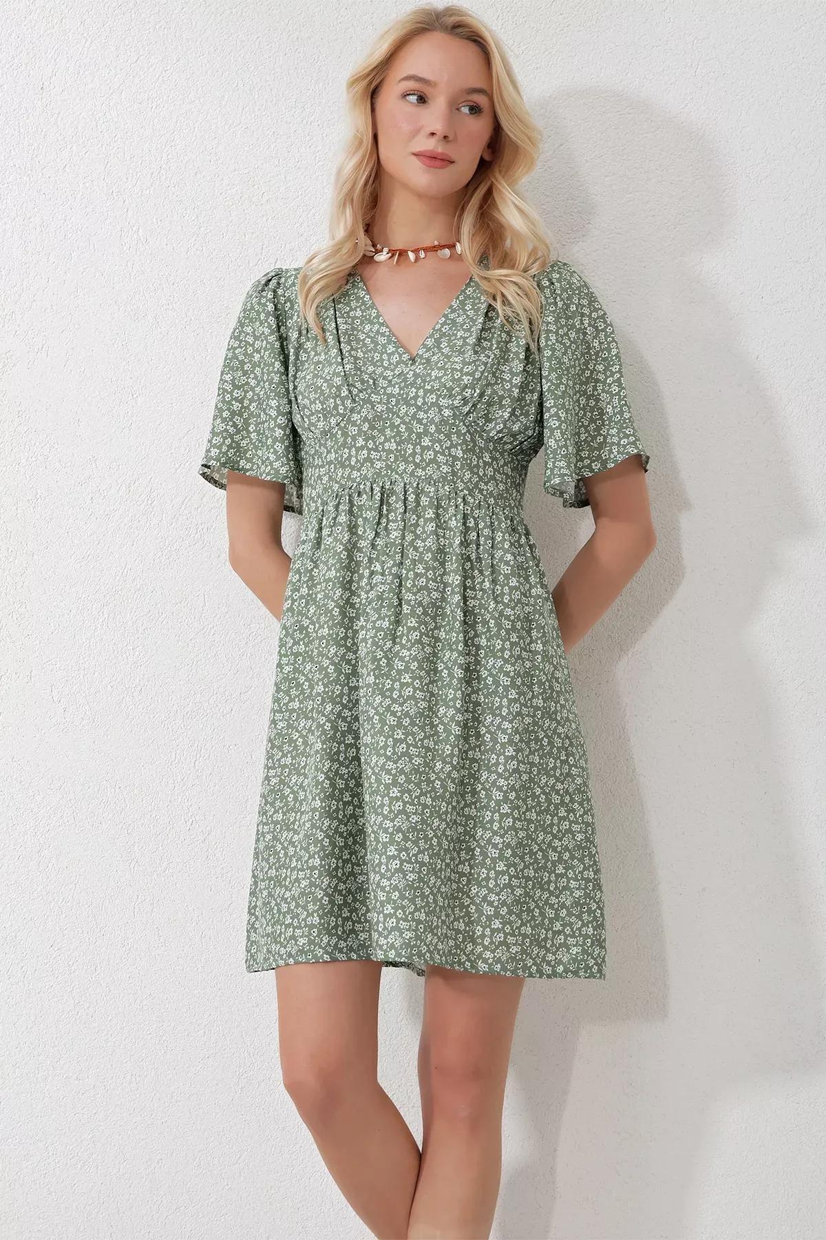 Khaki Floral Baby Doll Dress, , large image number 1