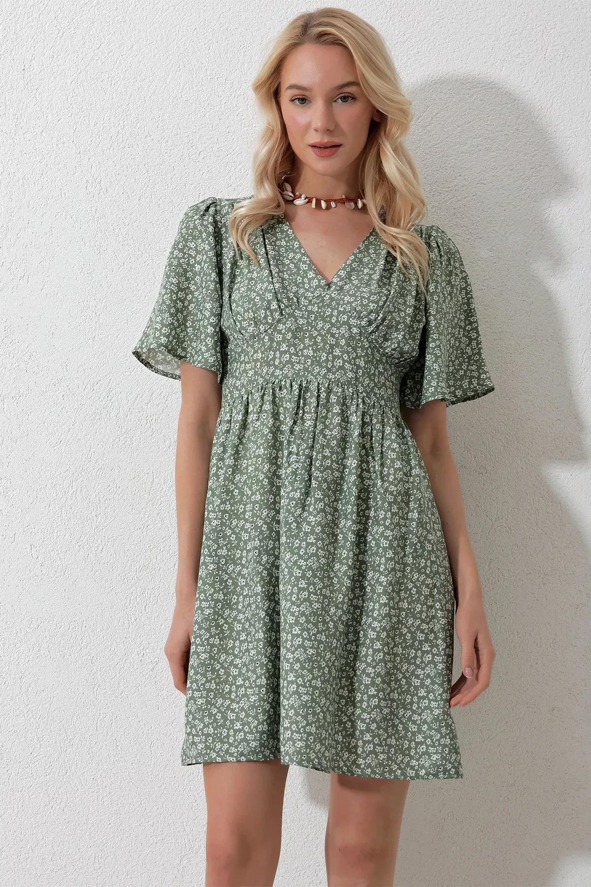 Khaki Floral Baby Doll Dress, , large image number 2