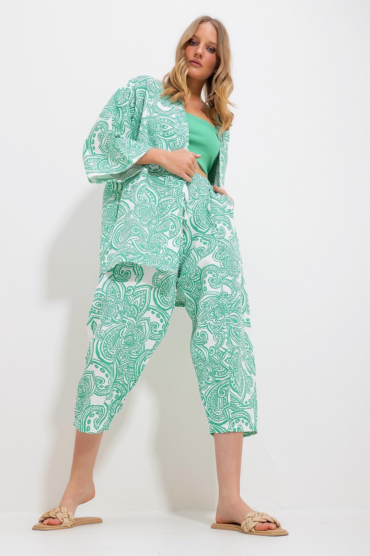 Green Patterned Linen Co-Ord Set, Green, medium