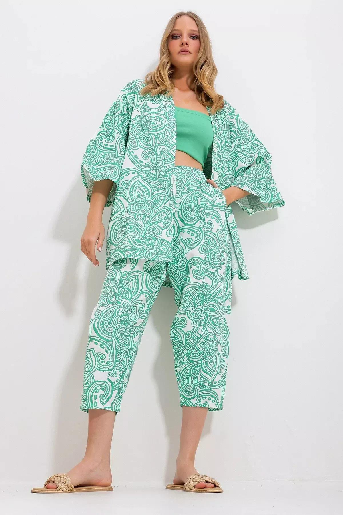 Green Patterned Linen Co-Ord Set, Green, medium