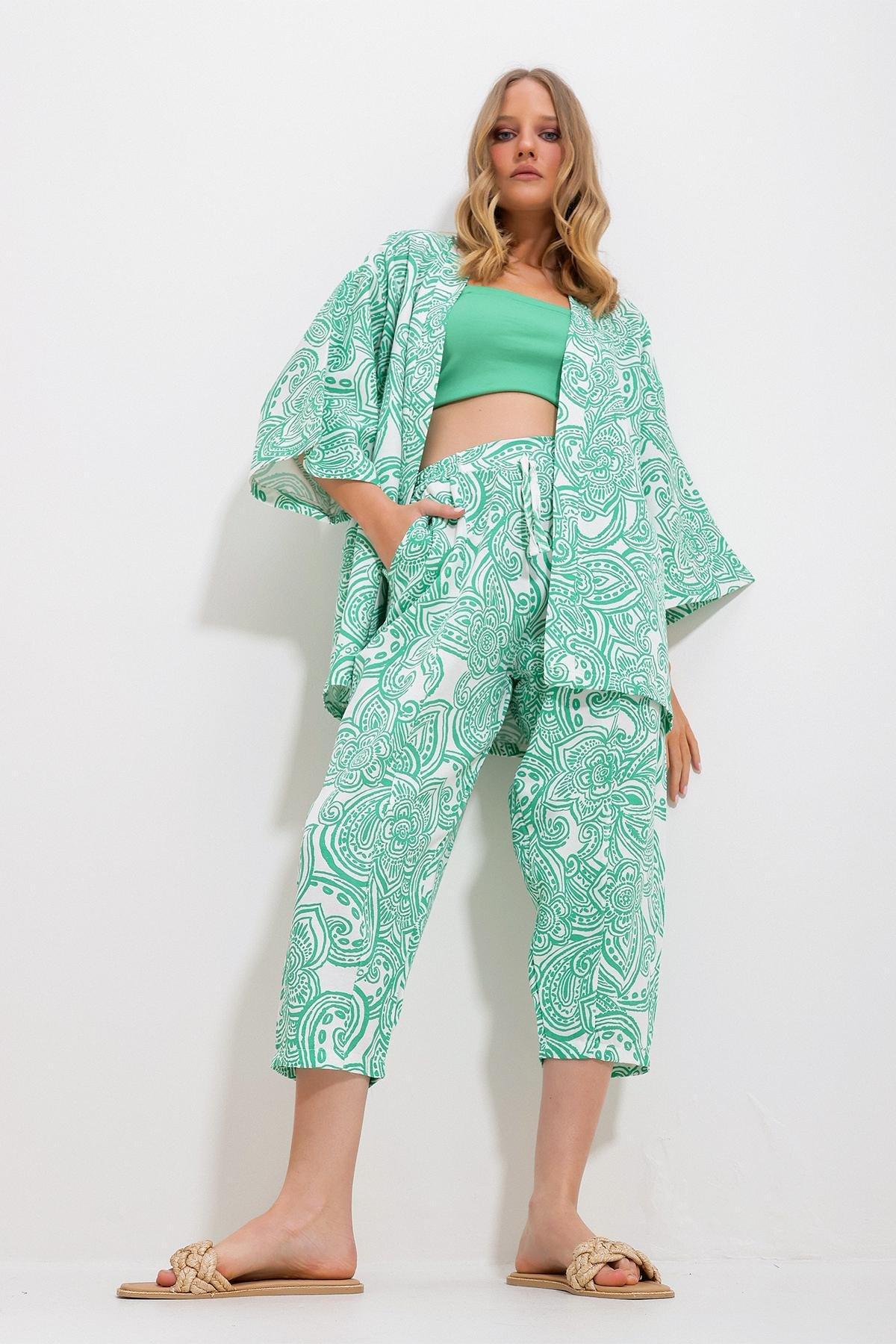 Green Patterned Linen Co-Ord Set, Green, medium
