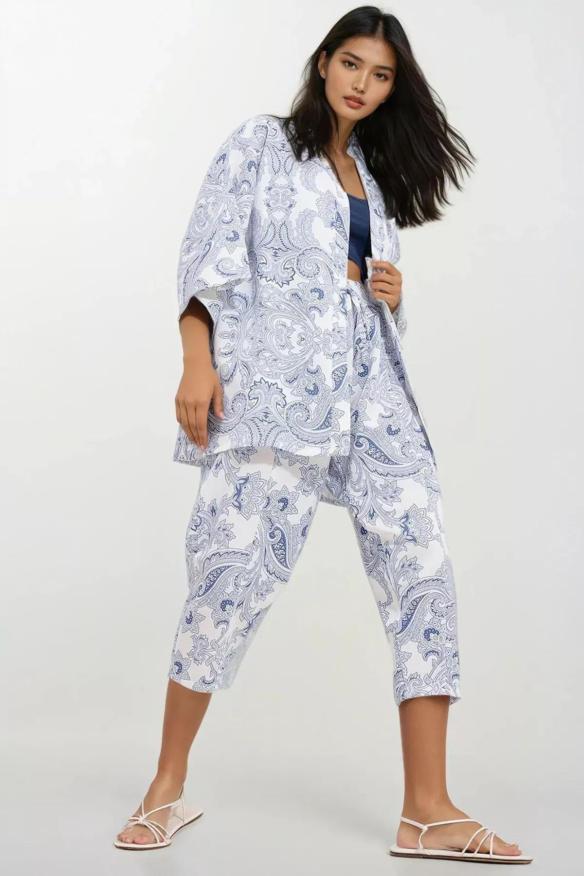 Blue Patterned Linen Co-Ord Set, , large image number 0