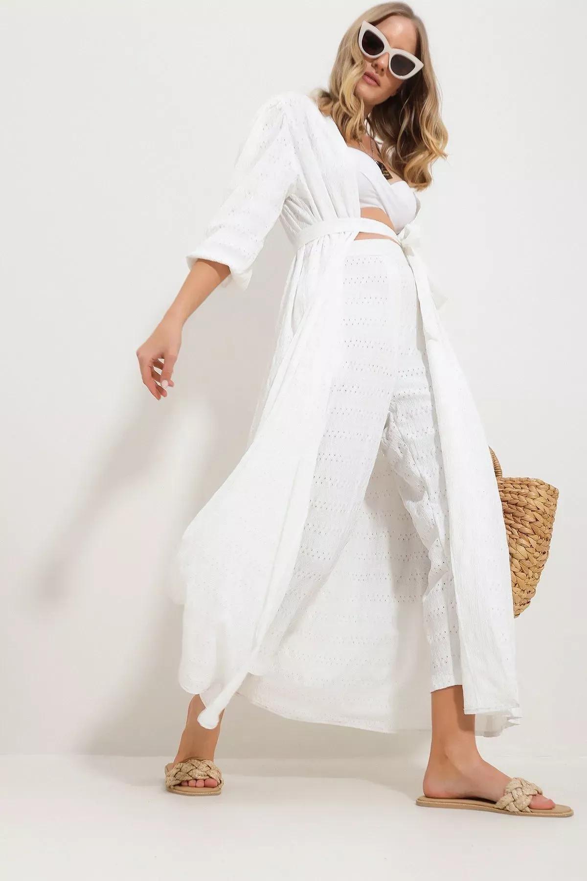 White Openwork Pants Kimono Suit, , large image number 0