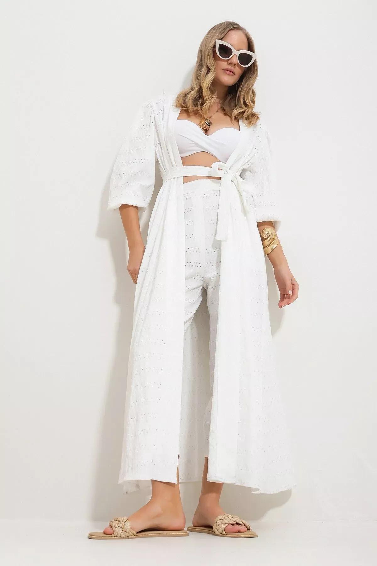 White Openwork Pants Kimono Suit, , large image number 4