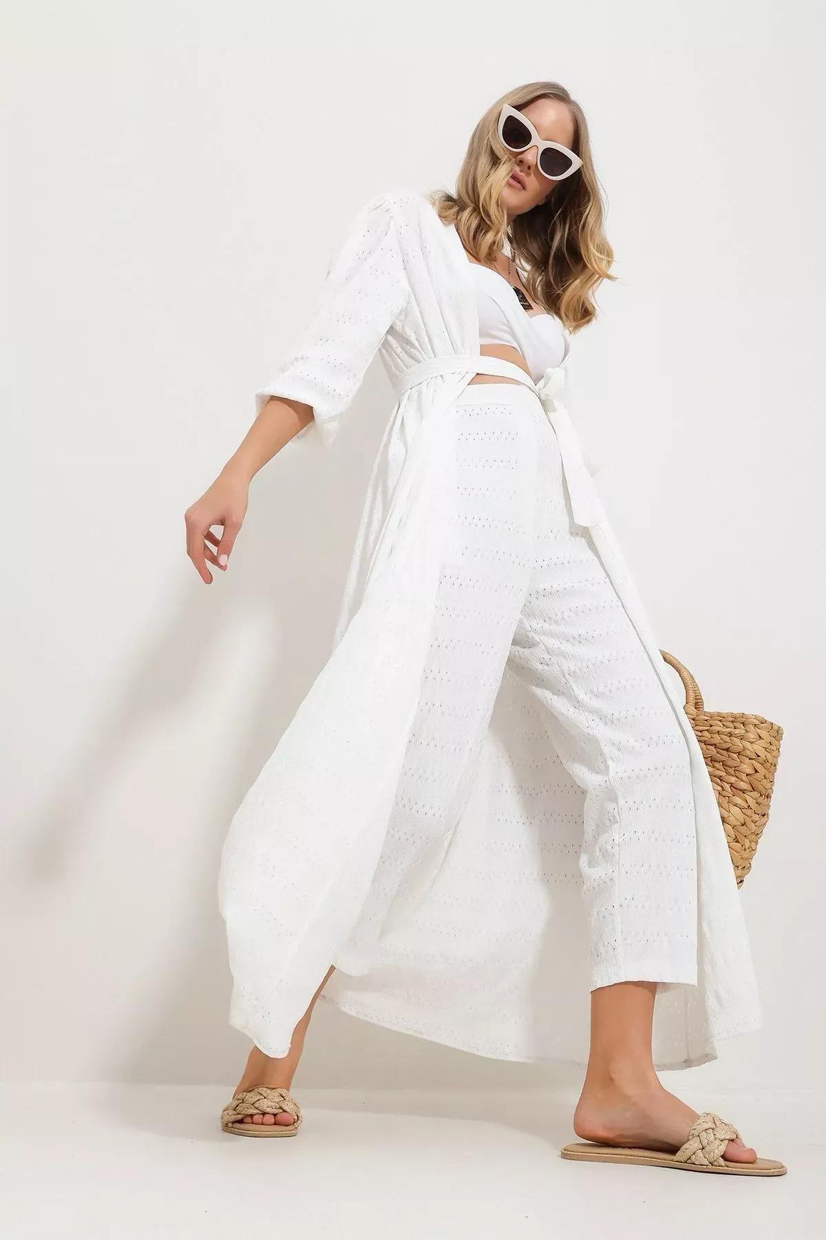 White Openwork Pants Kimono Suit, , large image number 5