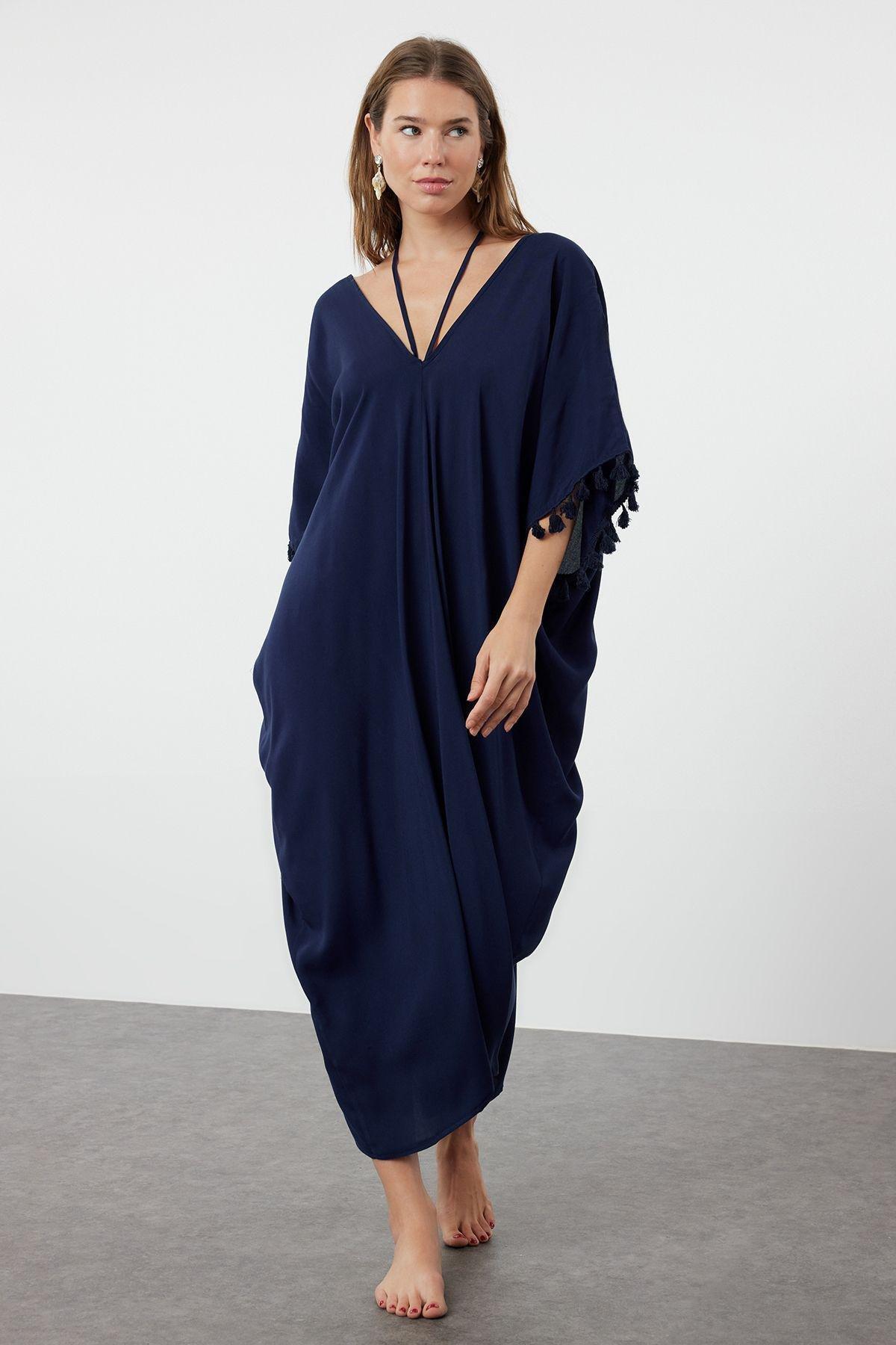 Navy Pompoms Tassels Midi Dress, , large image number 0