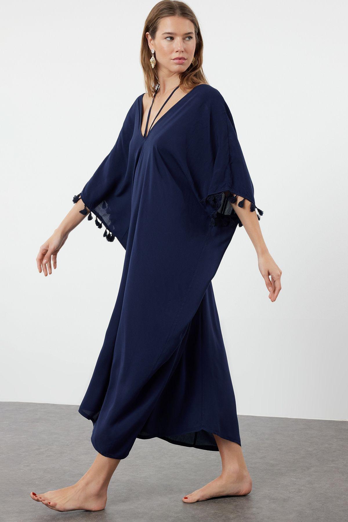 Navy Pompoms Tassels Midi Dress, , large image number 1