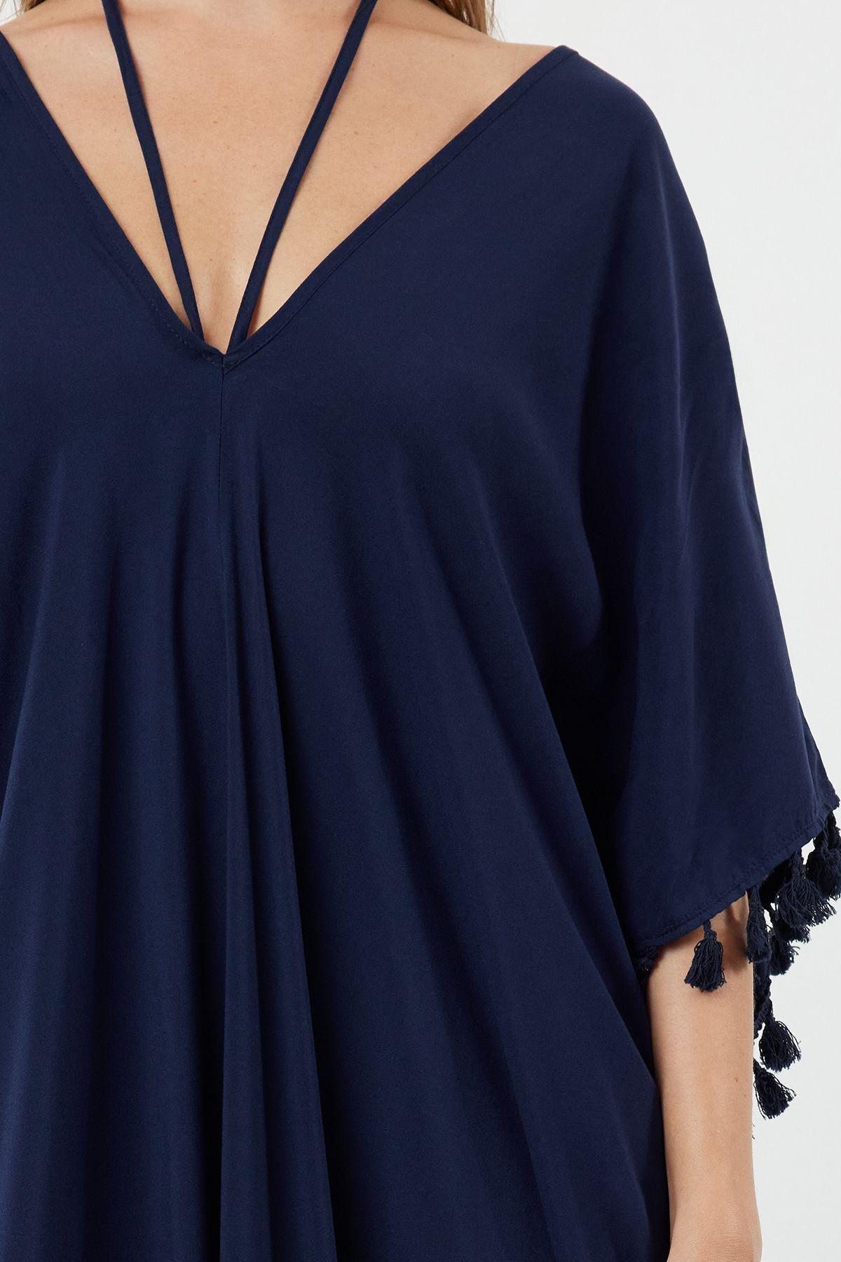 Navy Pompoms Tassels Midi Dress, , large image number 2