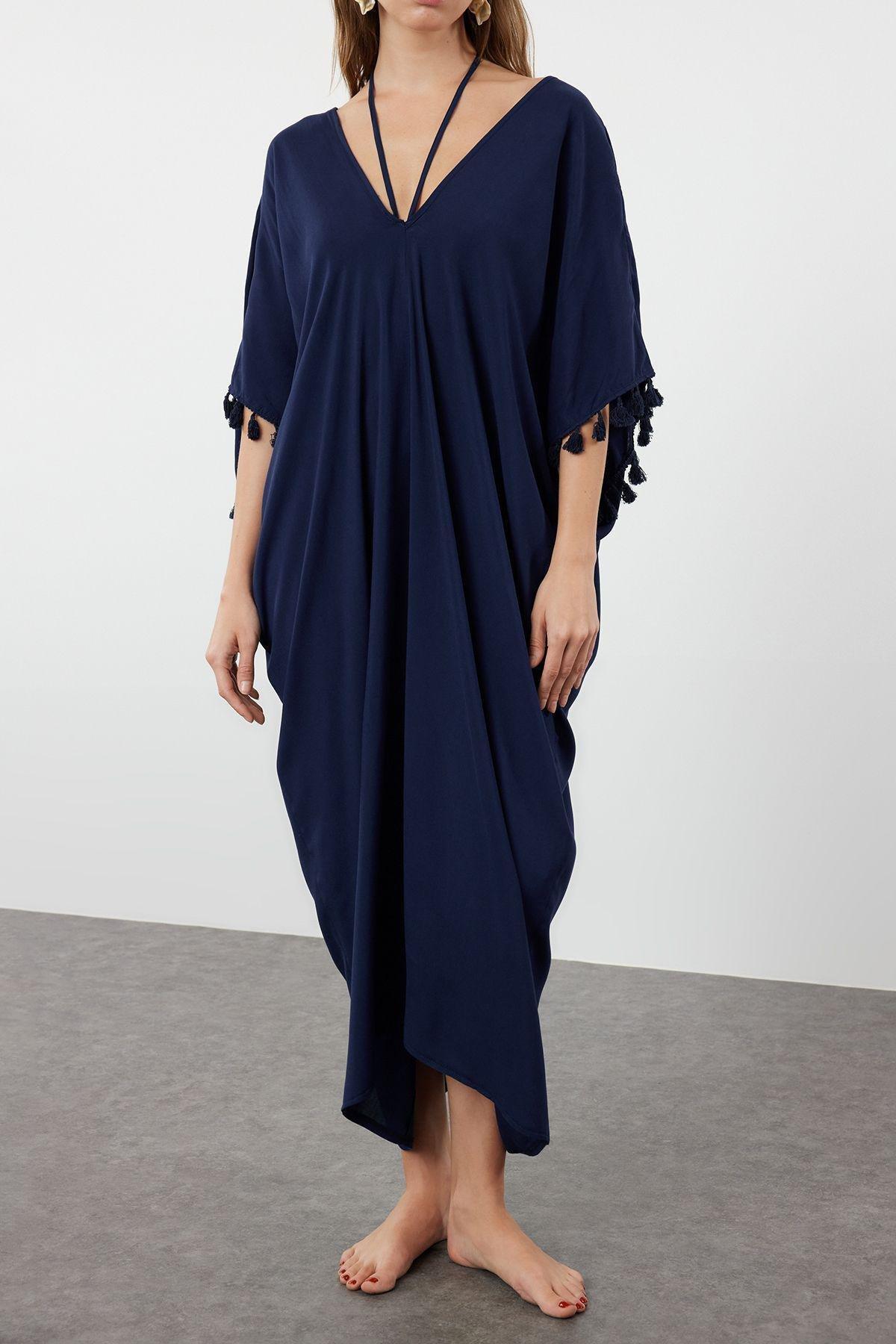 Navy Pompoms Tassels Midi Dress, , large image number 3