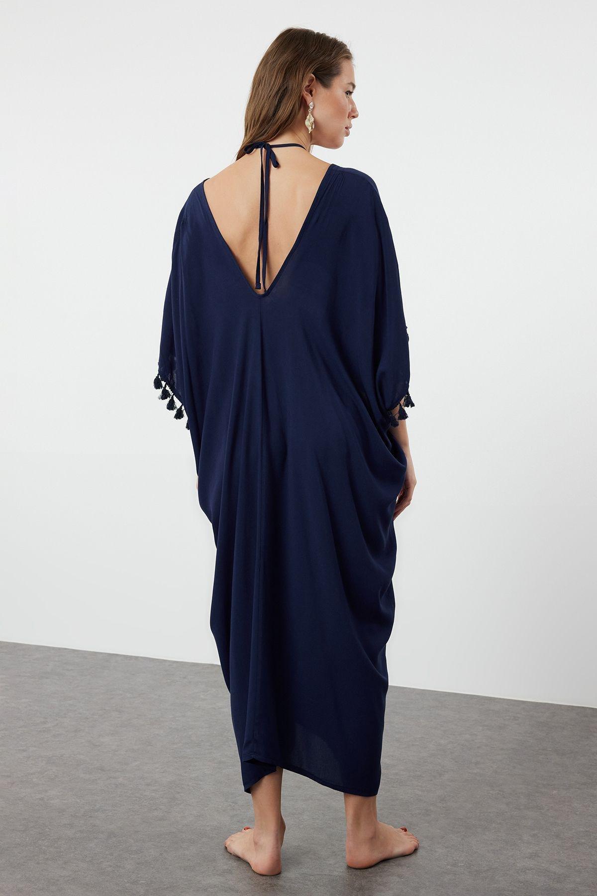 Navy Pompoms Tassels Midi Dress, , large image number 4