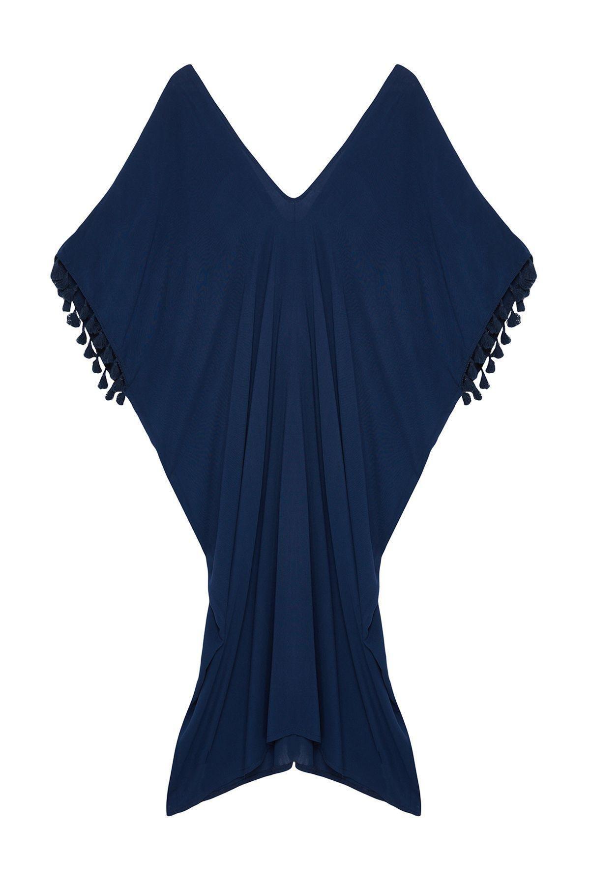 Navy Pompoms Tassels Midi Dress, , large image number 5