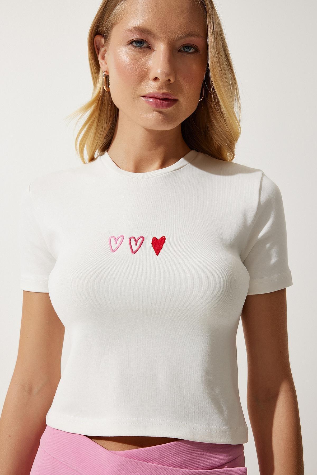 Ecru Embroidered Cropped T-Shirt, , large image number 0