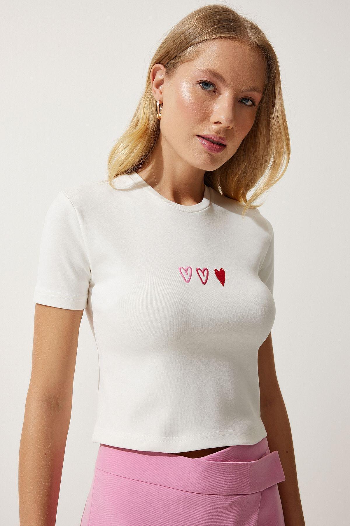 Ecru Embroidered Cropped T-Shirt, , large image number 1