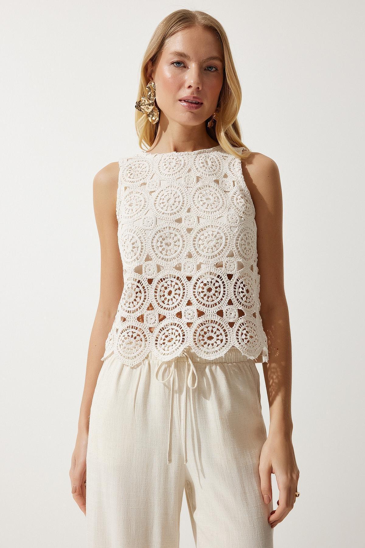 Womens Cream Lace Linen Blouse TP00035, single, , large image number 3