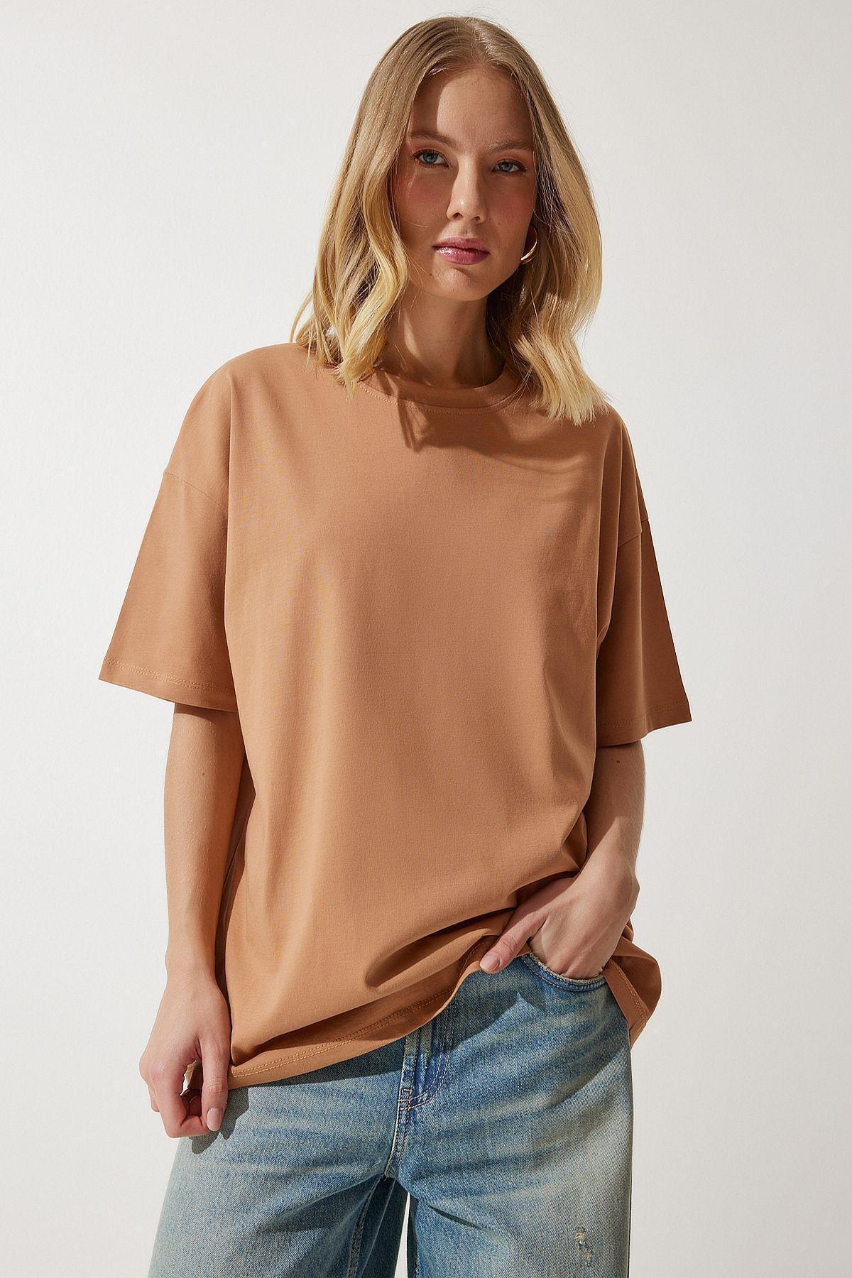 Brown Crew Neck Oversize Knitted T-Shirt, BISCUIT, medium