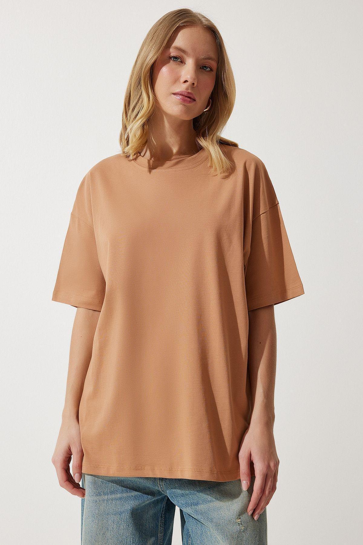 Brown Crew Neck Oversize Knitted T-Shirt, BISCUIT, medium