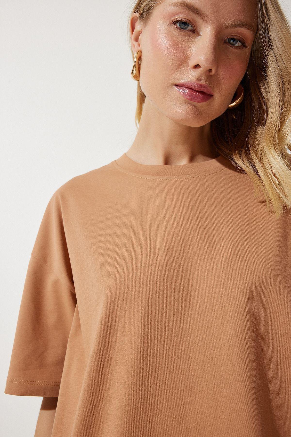 Brown Crew Neck Oversize Knitted T-Shirt, BISCUIT, medium