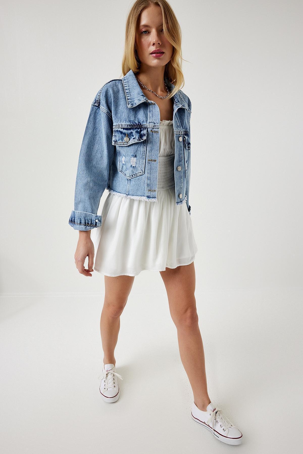 Blue Tassel Detailed Denim Crop Jacket, , large image number 0