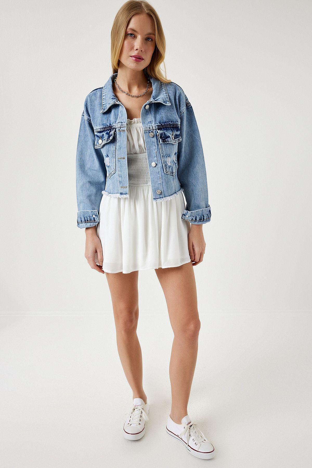 Blue Tassel Detailed Denim Crop Jacket, , large image number 1