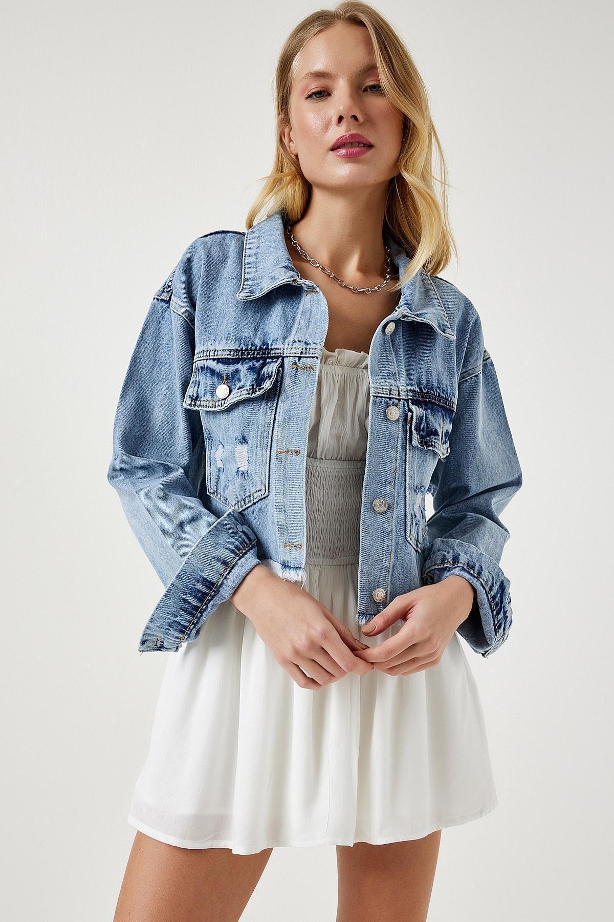 Blue Tassel Detailed Denim Crop Jacket, , large image number 2