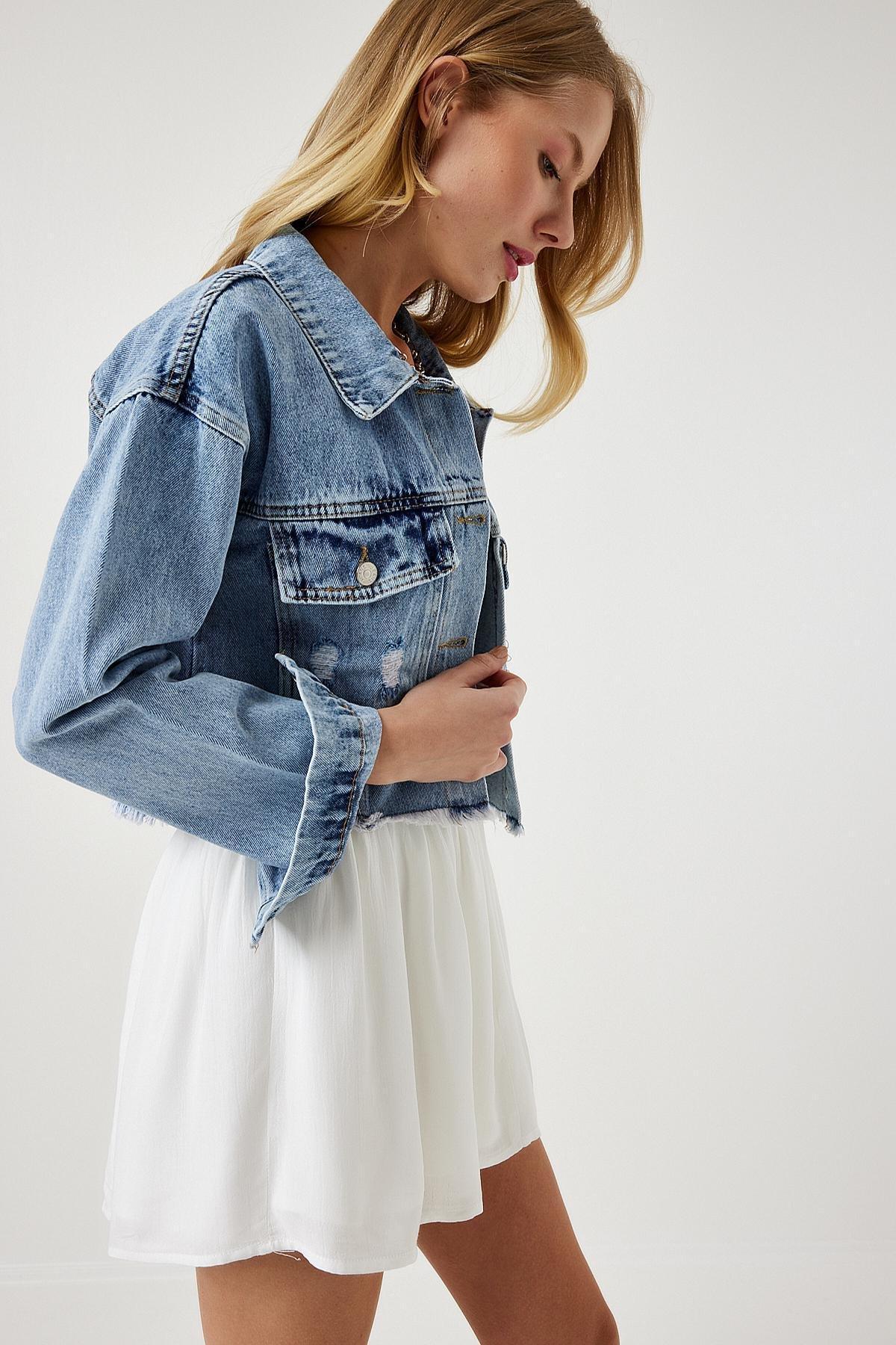 Blue Tassel Detailed Denim Crop Jacket, , large image number 3