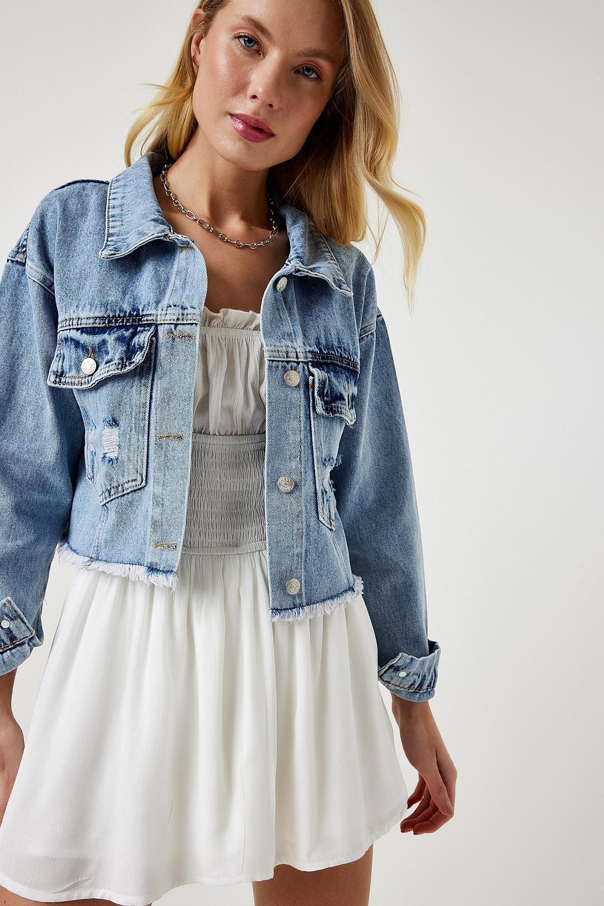 Blue Tassel Detailed Denim Crop Jacket, , large image number 4