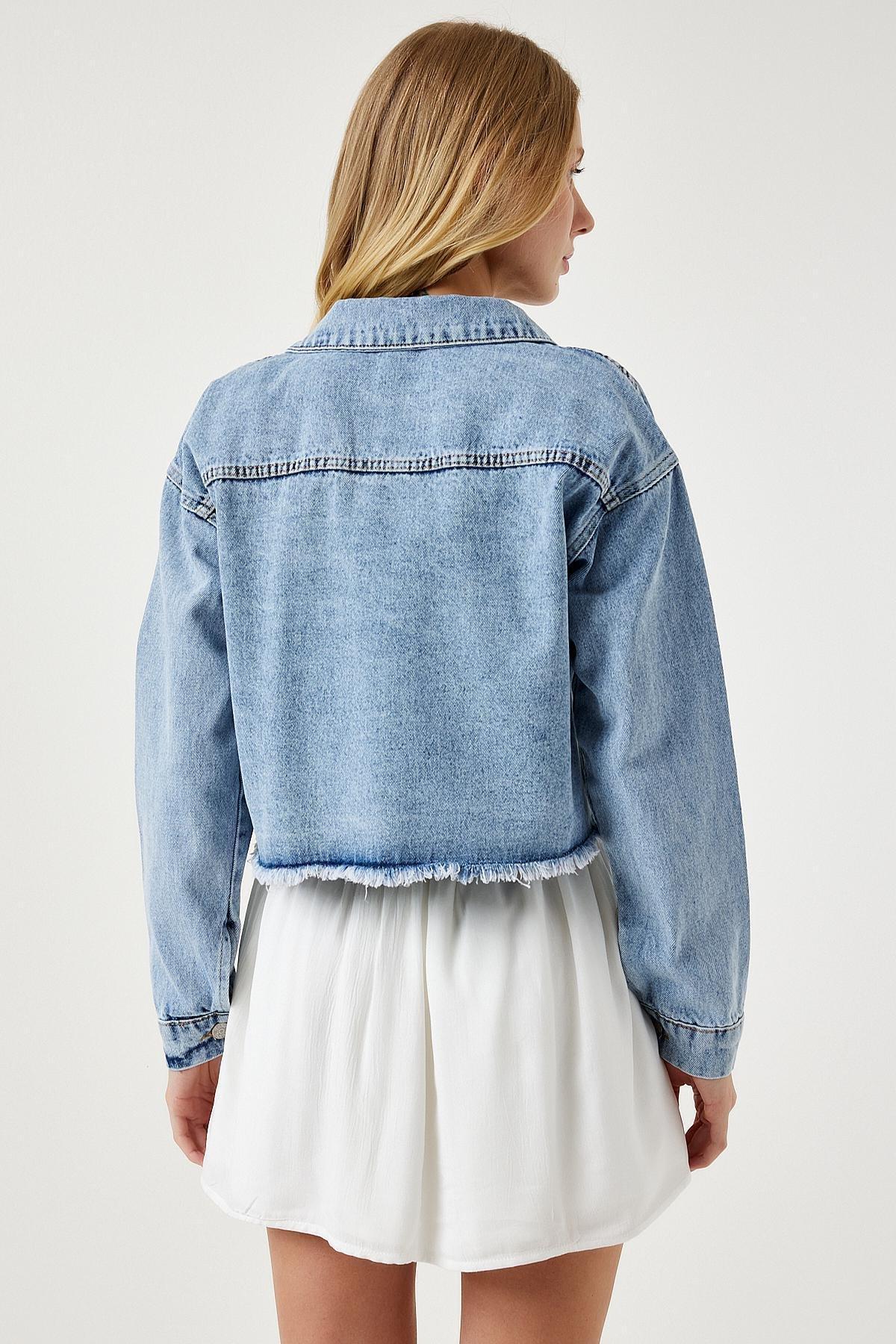 Blue Tassel Detailed Denim Crop Jacket, , large image number 6